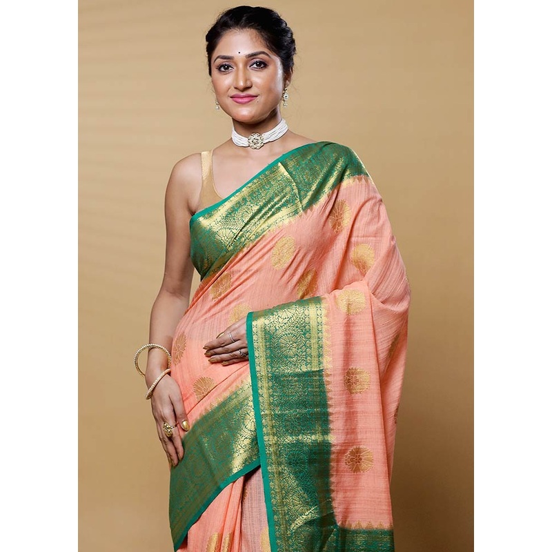 Peach Dupion Silk Saree With Blouse Piece - JD986612640