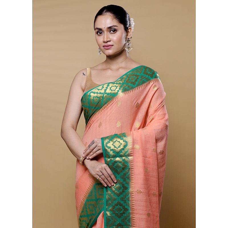Peach Dupion Silk Saree With Blouse Piece - JD986612641