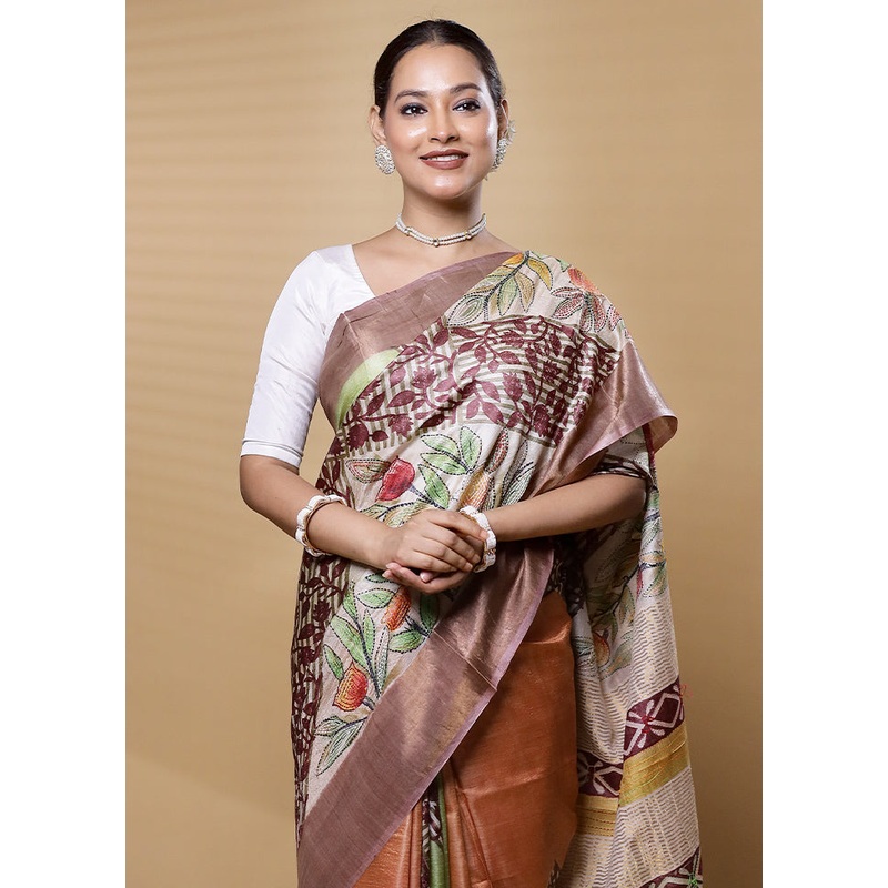 Peach Handloom Tussar Pure Silk Saree With Blouse Piece - JD986612598
