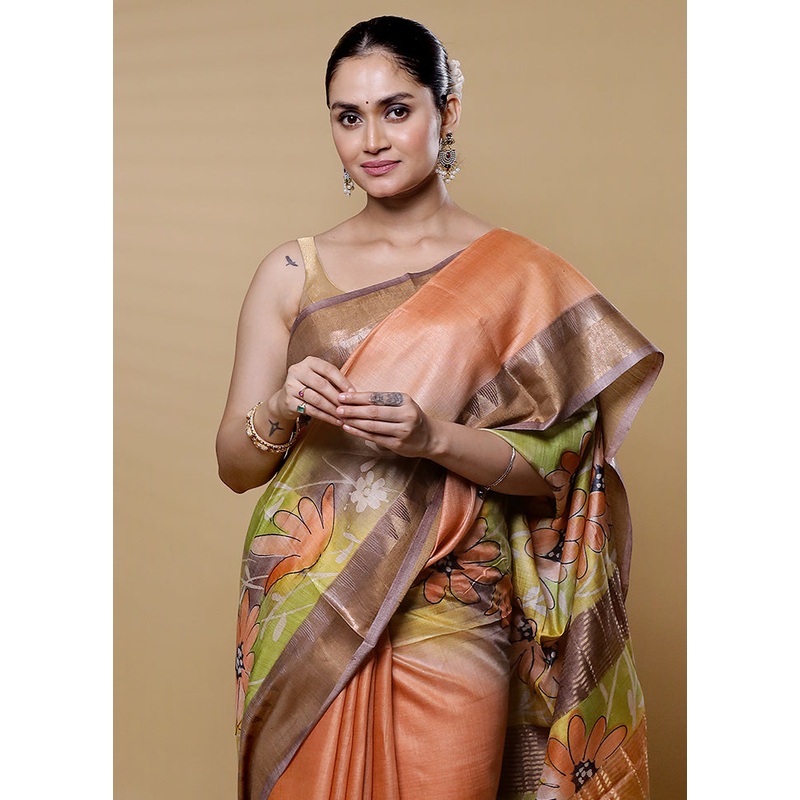 Peach Tussar Silk Saree With Blouse Piece - JD986612638
