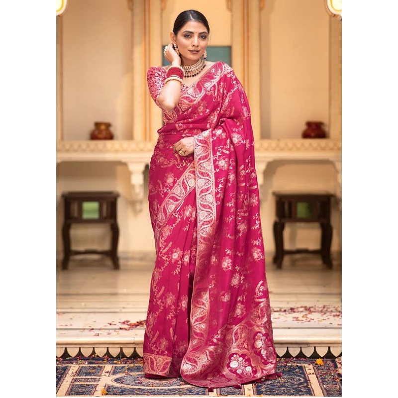 Pink Banarasi Silk Saree With Blouse Piece - JD986612569