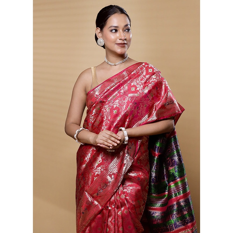 Pink Handloom Baluchari Pure Silk Saree With Blouse Piece - JD986612597