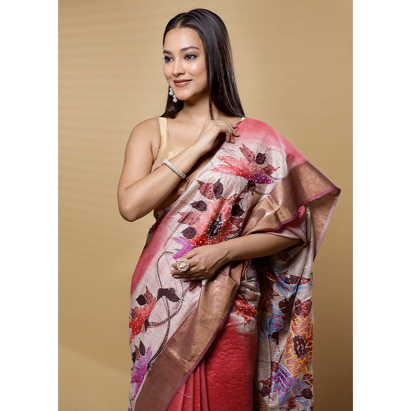 Pink Handloom Tussar Pure Silk Saree With Blouse Piece - JD986612596