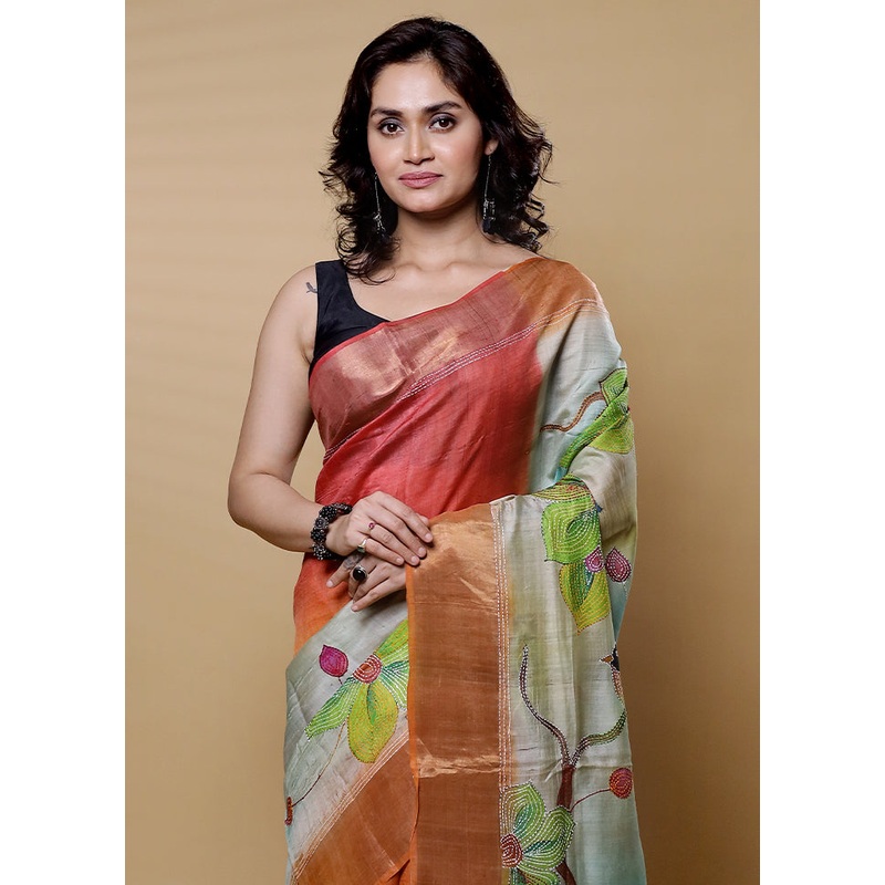 Pink Handloom Tussar Pure Silk Saree With Blouse Piece - JD986612635