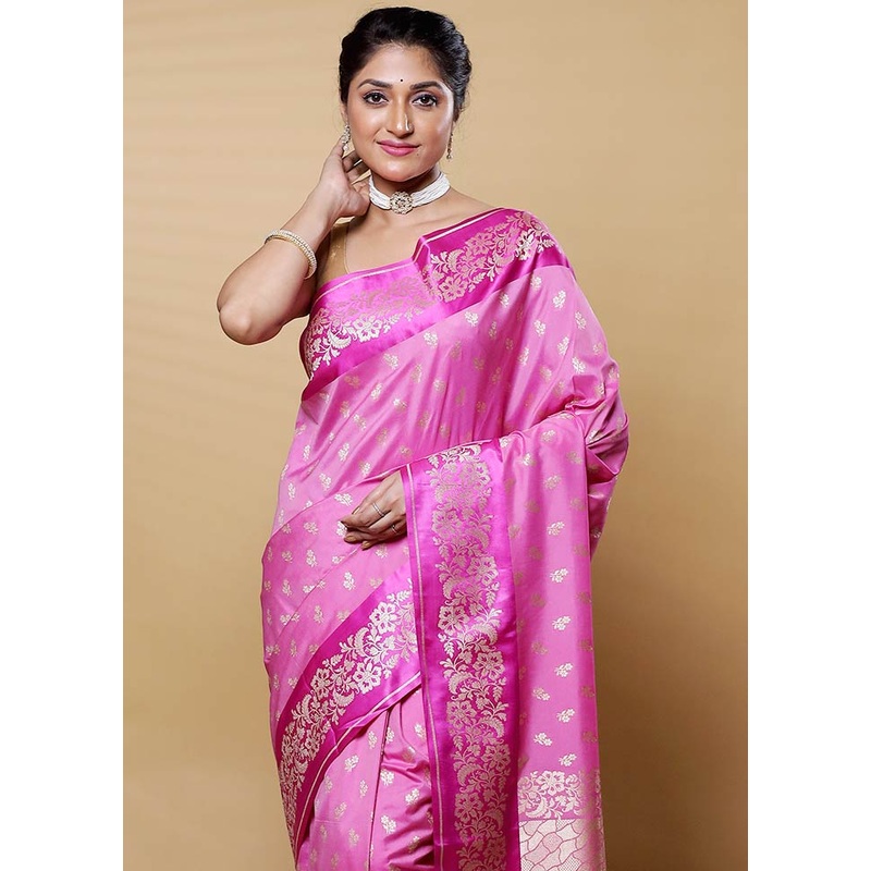 Pink Uppada Silk Saree With Blouse Piece - JD986612629