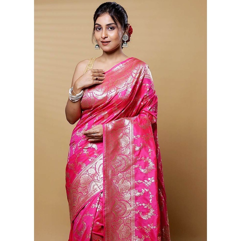 Pink Uppada Silk Saree With Blouse Piece - JD986612630