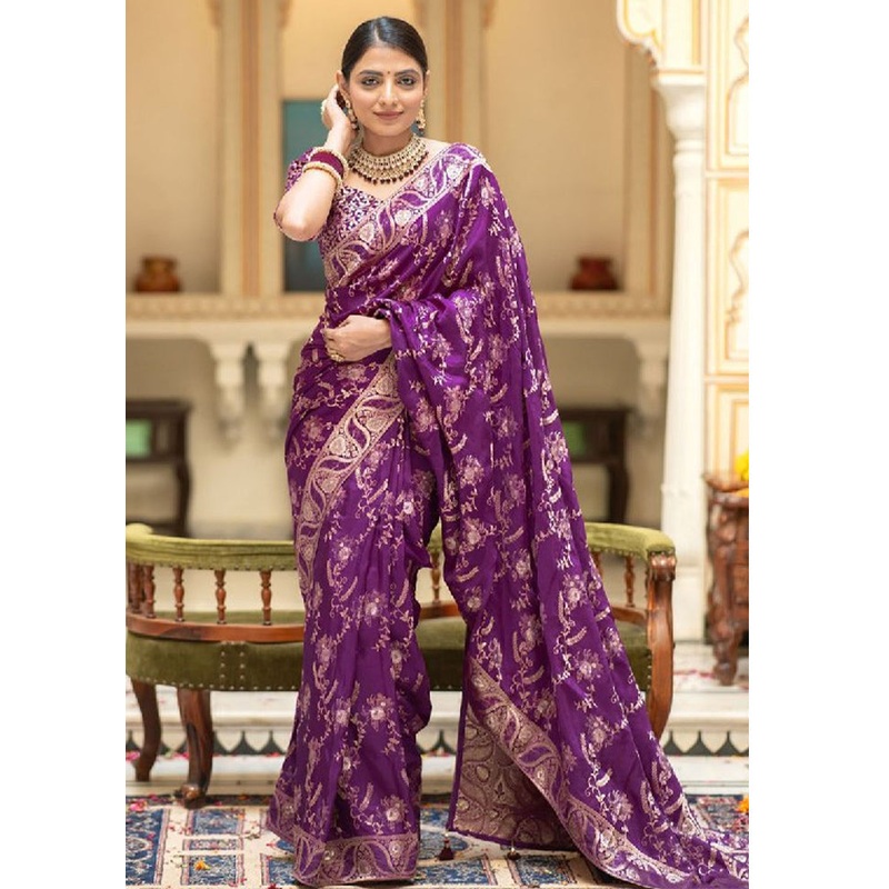 Purple Banarasi Silk Saree With Blouse Piece - JD986612566