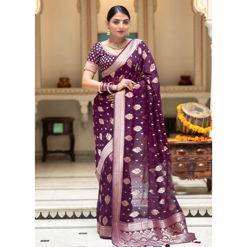Purple Banarasi Silk Saree With Blouse Piece - JD986612567