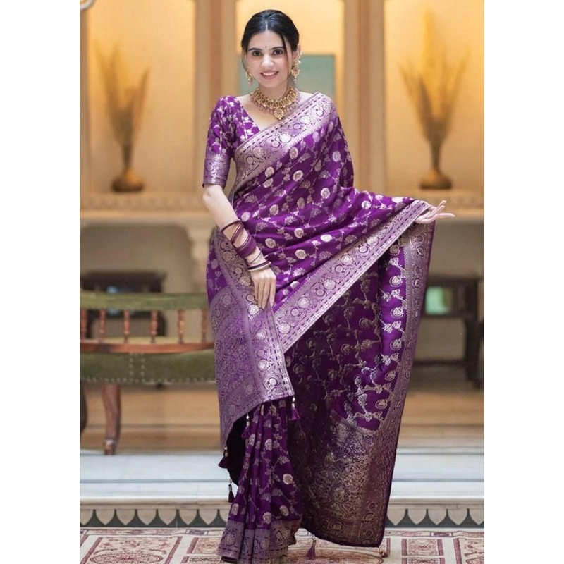 Purple Banarasi Silk Saree With Blouse Piece - JD986612568