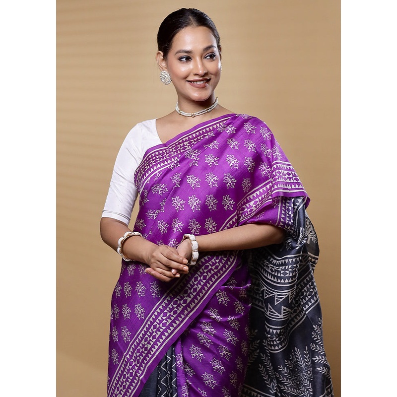 Purple Printed Pure Silk Saree Without Blouse Piece - JD986612592