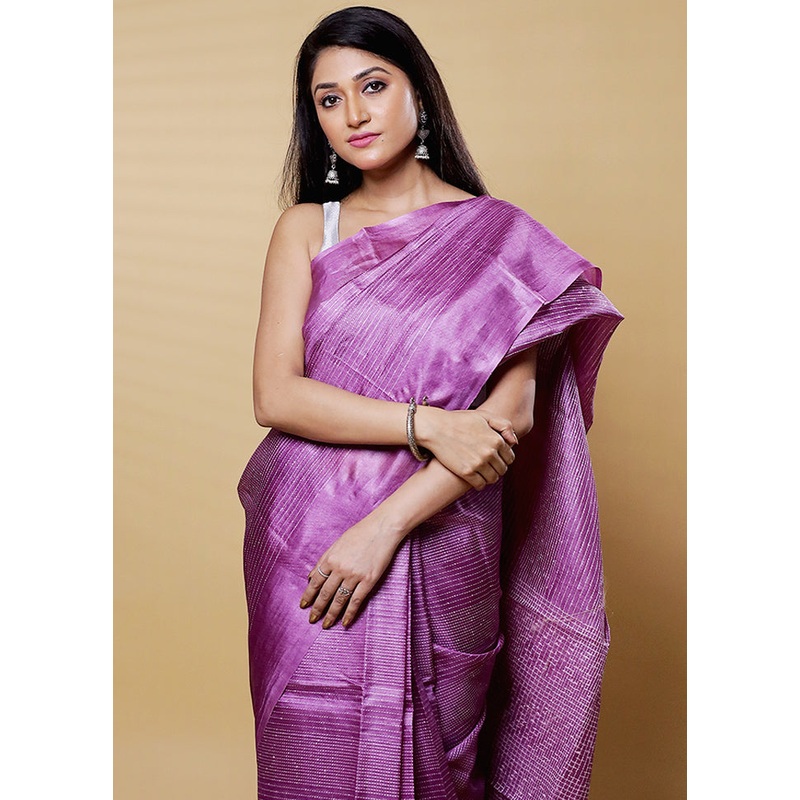 Purple Tussar Silk Saree With Blouse Piece - JD986612626