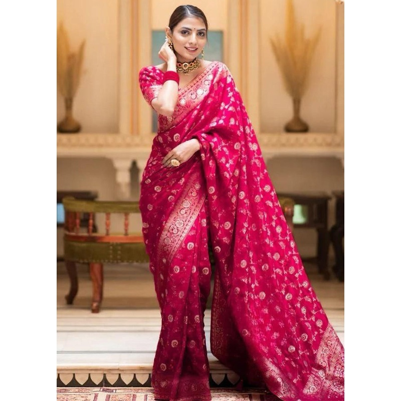 Rani Banarasi Silk Saree With Blouse Piece - JD986612563