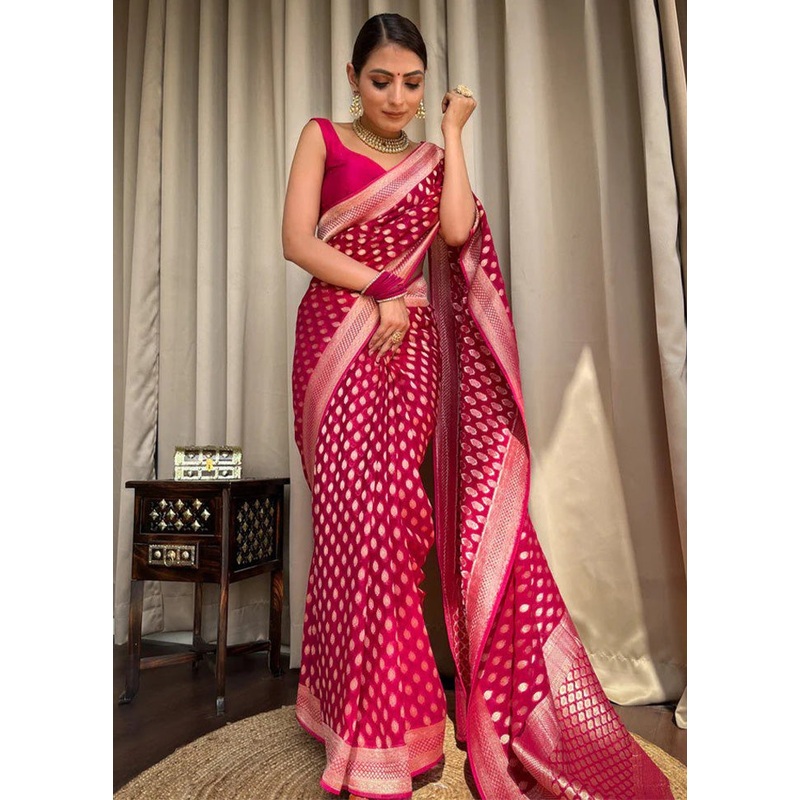 Rani Banarasi Silk Saree With Blouse Piece - JD986612564