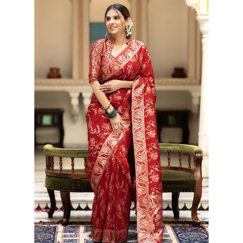 Red Banarasi Silk Saree With Blouse Piece - JD986612558