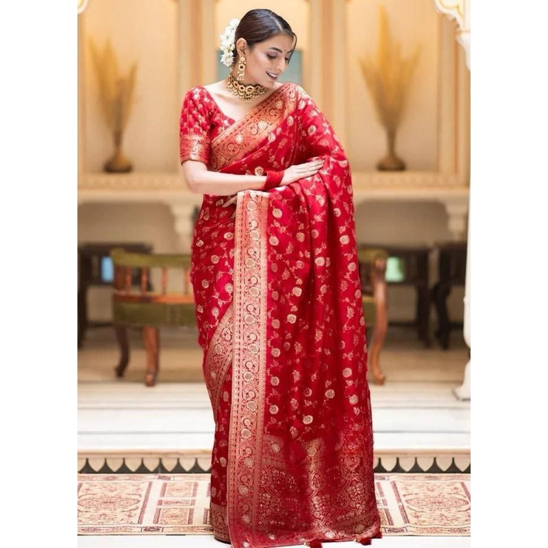 Red Banarasi Silk Saree With Blouse Piece - JD986612559