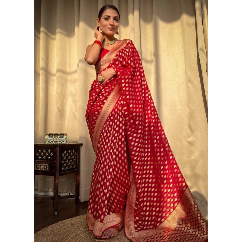 Red Banarasi Silk Saree With Blouse Piece - JD986612560
