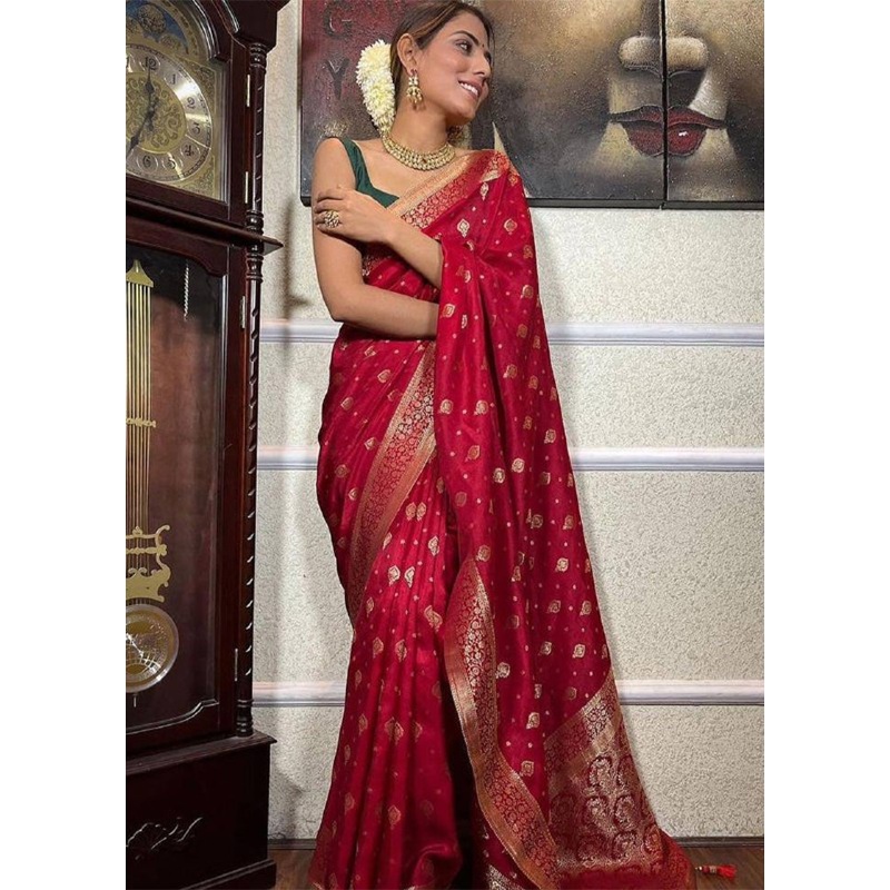 Red Banarasi Silk Saree With Blouse Piece - JD986612561