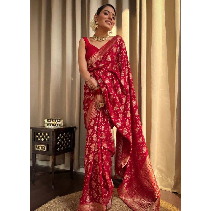 Red Banarasi Silk Saree With Blouse Piece - JD986612562