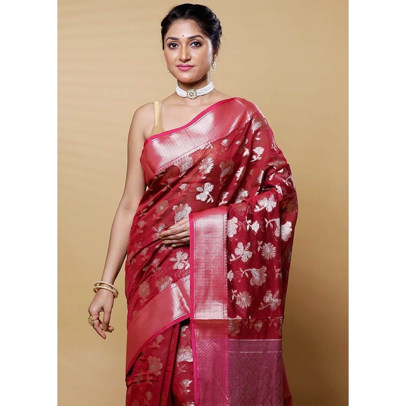 Red Kora Silk Saree With Blouse Piece - JD986612625
