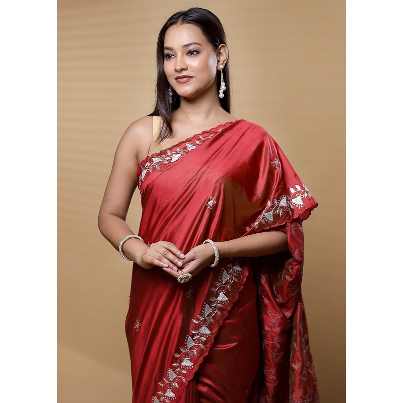Rust Handloom Pure Bishnupuri Stich Saree Without Blouse Piece - JD986612591