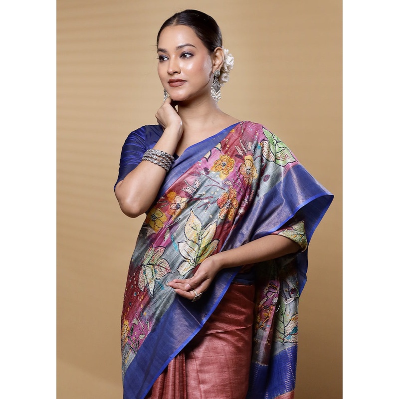 Rust Handloom Tussar Pure Silk Saree With Blouse Piece - JD986612590
