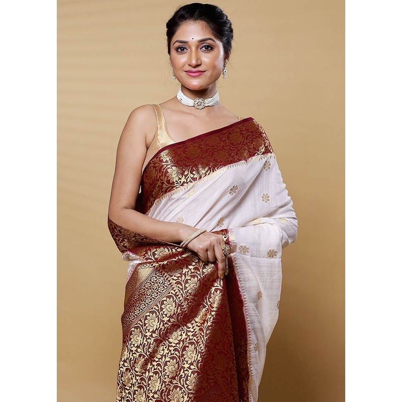 White Dupion Silk Saree With Blouse Piece - JD986612622