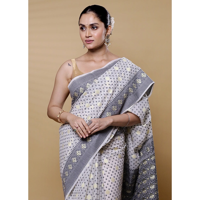 White Kora Silk Saree With Blouse Piece - JD986612669