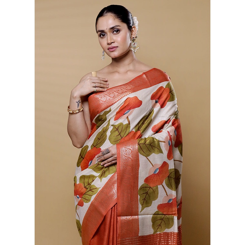 White Tussar Silk Saree With Blouse Piece - JD986612621