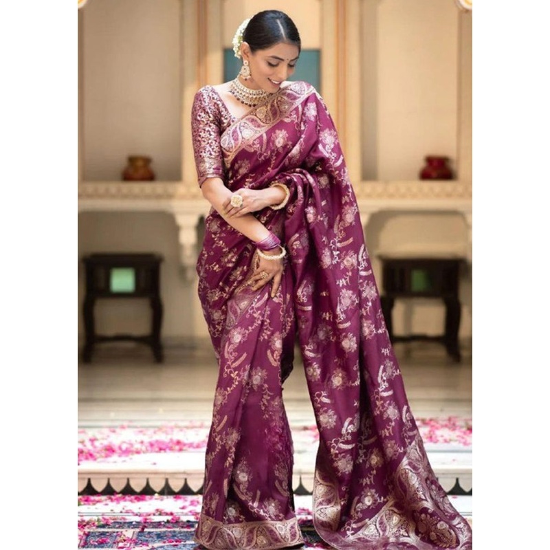 Wine Banarasi Silk Saree With Blouse Piece - JD986612552