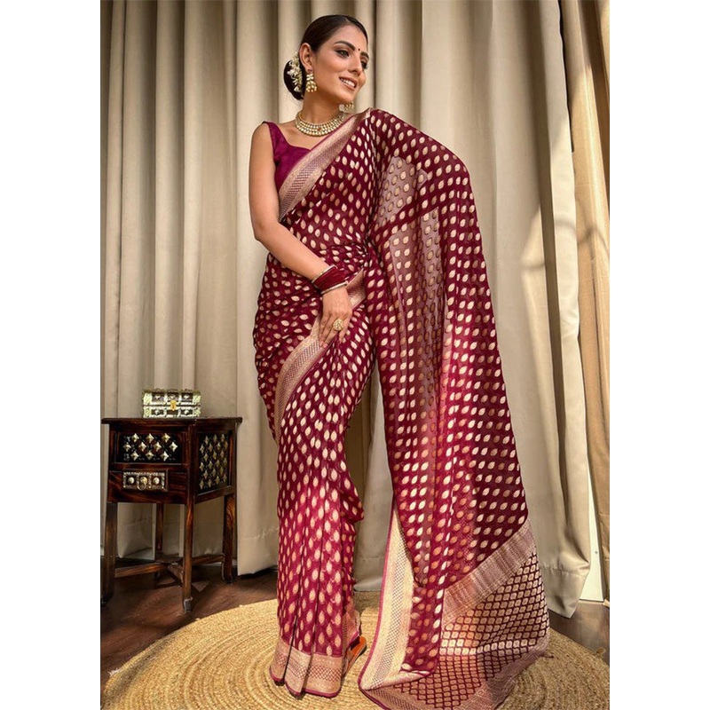 Wine Banarasi Silk Saree With Blouse Piece - JD986612553