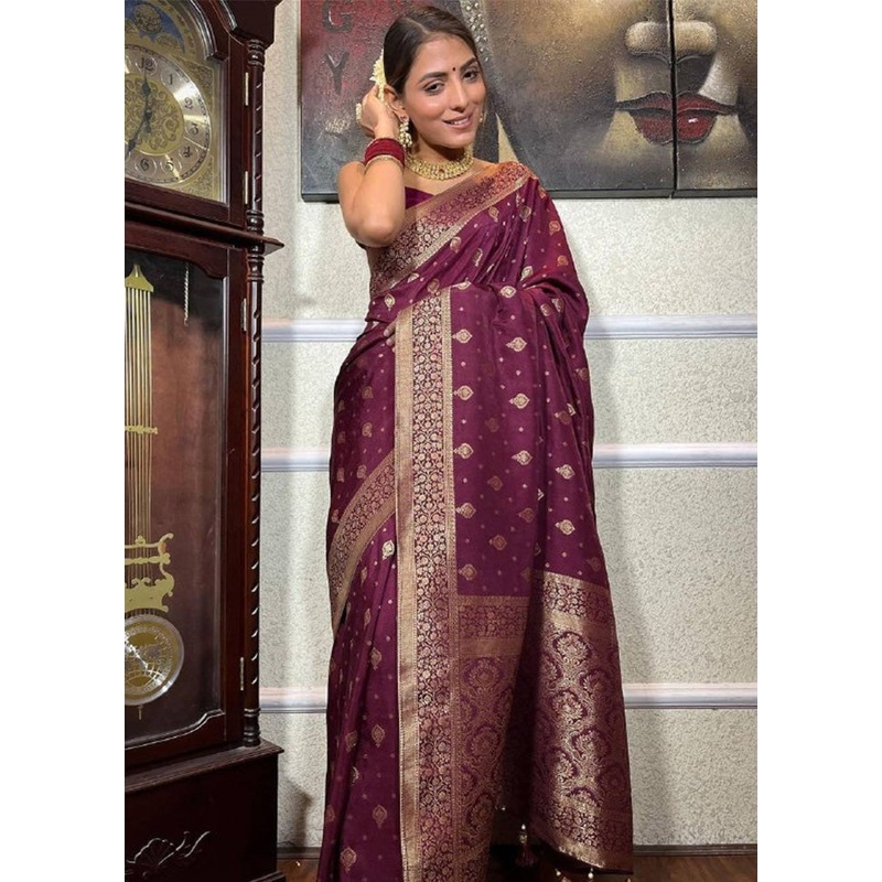 Wine Banarasi Silk Saree With Blouse Piece - JD986612554