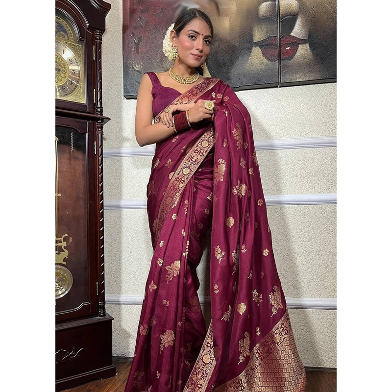 Wine Banarasi Silk Saree With Blouse Piece - JD986612555