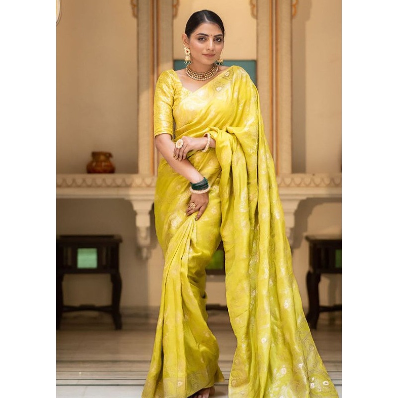 Yellow Banarasi Silk Saree With Blouse Piece - JD986612550