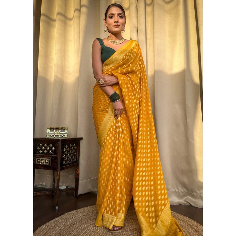 Yellow Banarasi Silk Saree With Blouse Piece - JD986612551