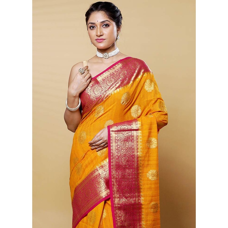 Yellow Dupion Silk Saree With Blouse Piece - JD986612620
