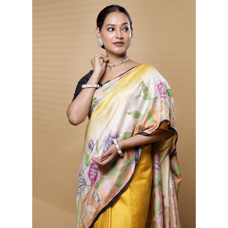 Yellow Handloom Tussar Pure Silk Saree With Blouse Piece - JD986612589