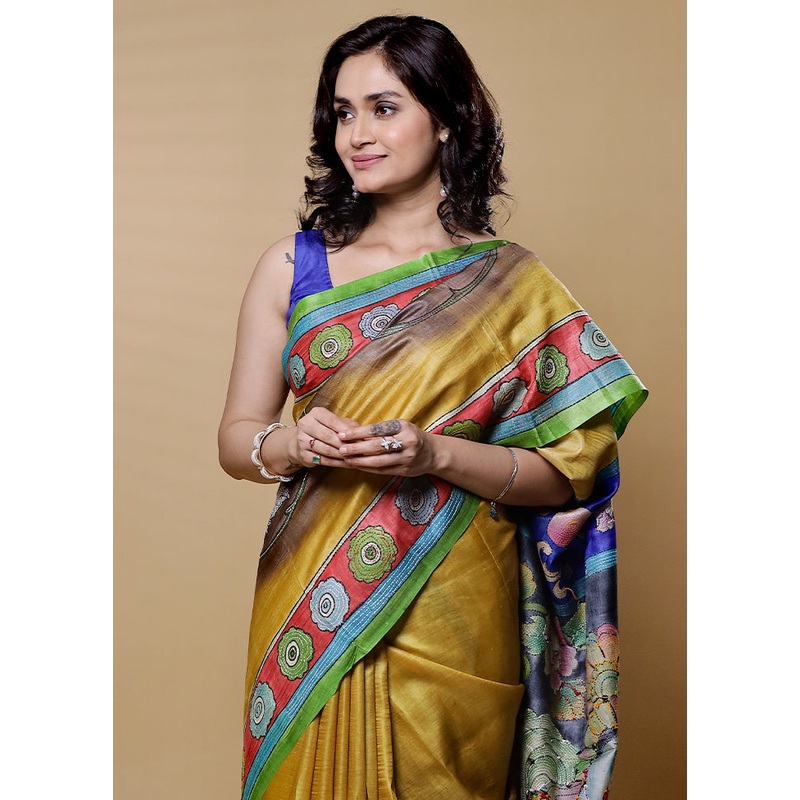 Yellow Handloom Tussar Pure Silk Saree With Blouse Piece - JD986612616