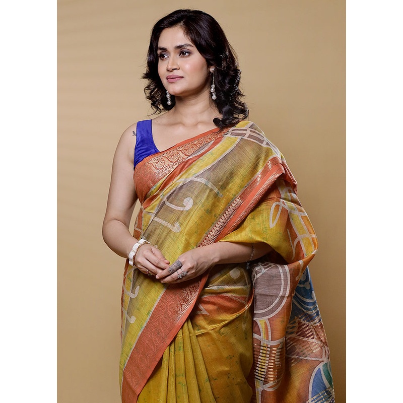 Yellow Handloom Tussar Pure Silk Saree With Blouse Piece - JD986612617
