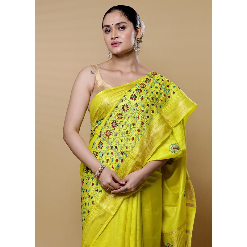 Yellow Handloom Tussar Pure Silk Saree With Blouse Piece - JD986612619