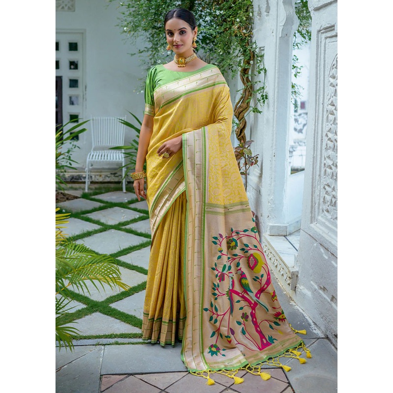Yellow Kanjivaram Silk Saree With Blouse Piece - JD986612689