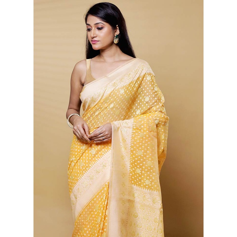 Yellow Kora Silk Saree With Blouse Piece - JD986612615
