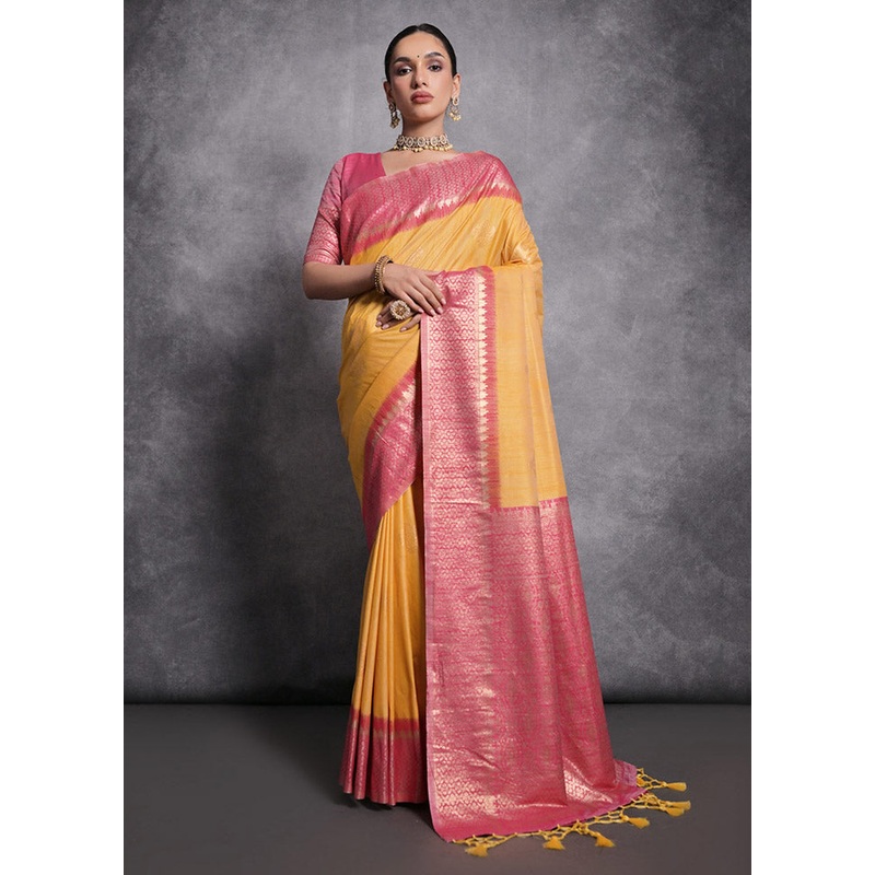 Yellow Tussar Silk Saree With Blouse Piece - JD986612688