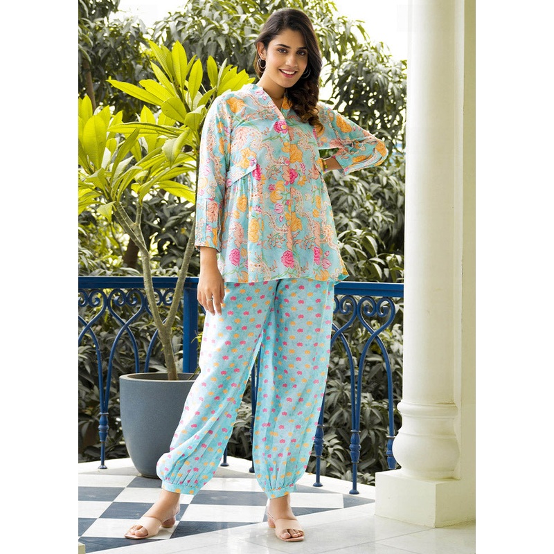 2 Pc Sea Green Readymade Cotton Coord Set - JD986612432