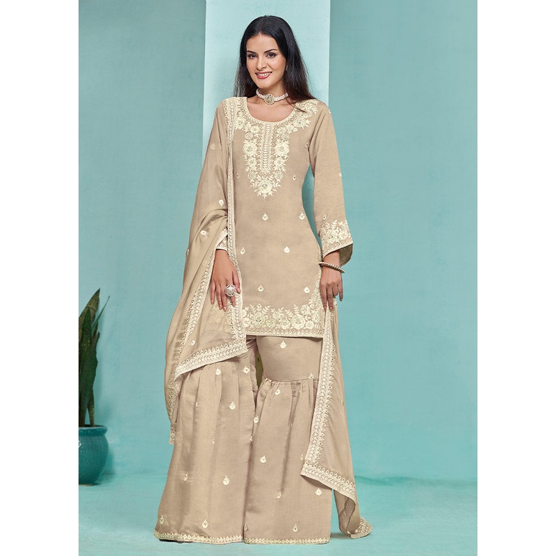 3 Pc Beige Semi Stitched Silk Suit Set - JD986612348
