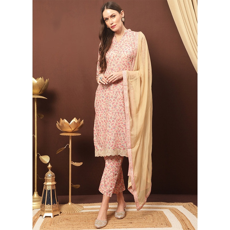 3 Pc Beige Unstitched Cotton Suit Set - JD986612470