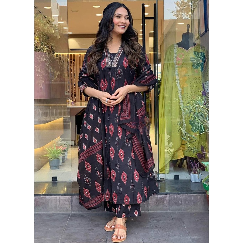3 Pc Black Readymade Cotton Suit Set - JD986612431
