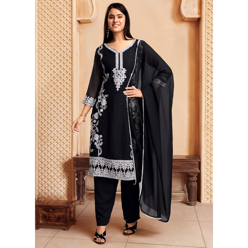 3 Pc Black Readymade Georgette Suit Set - JD986612430