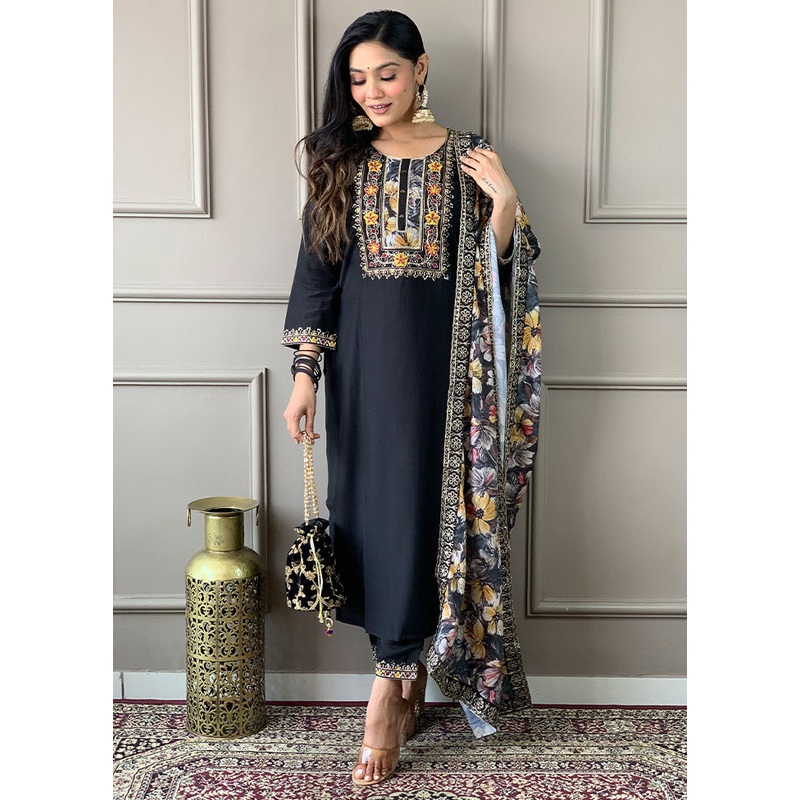 3 Pc Black Readymade Viscose Suit Set - JD986612429
