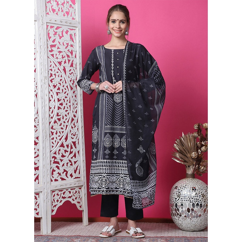 3 Pc Black Unstitched Cotton Suit Set - JD986612466