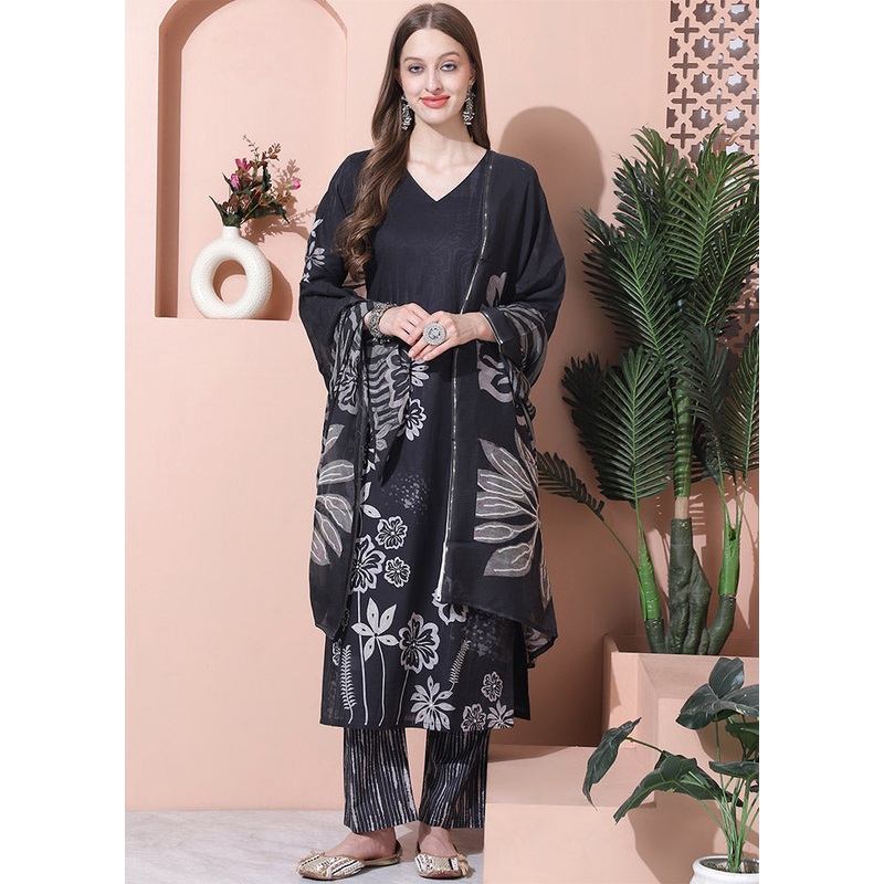 3 Pc Black Unstitched Cotton Suit Set - JD986612467